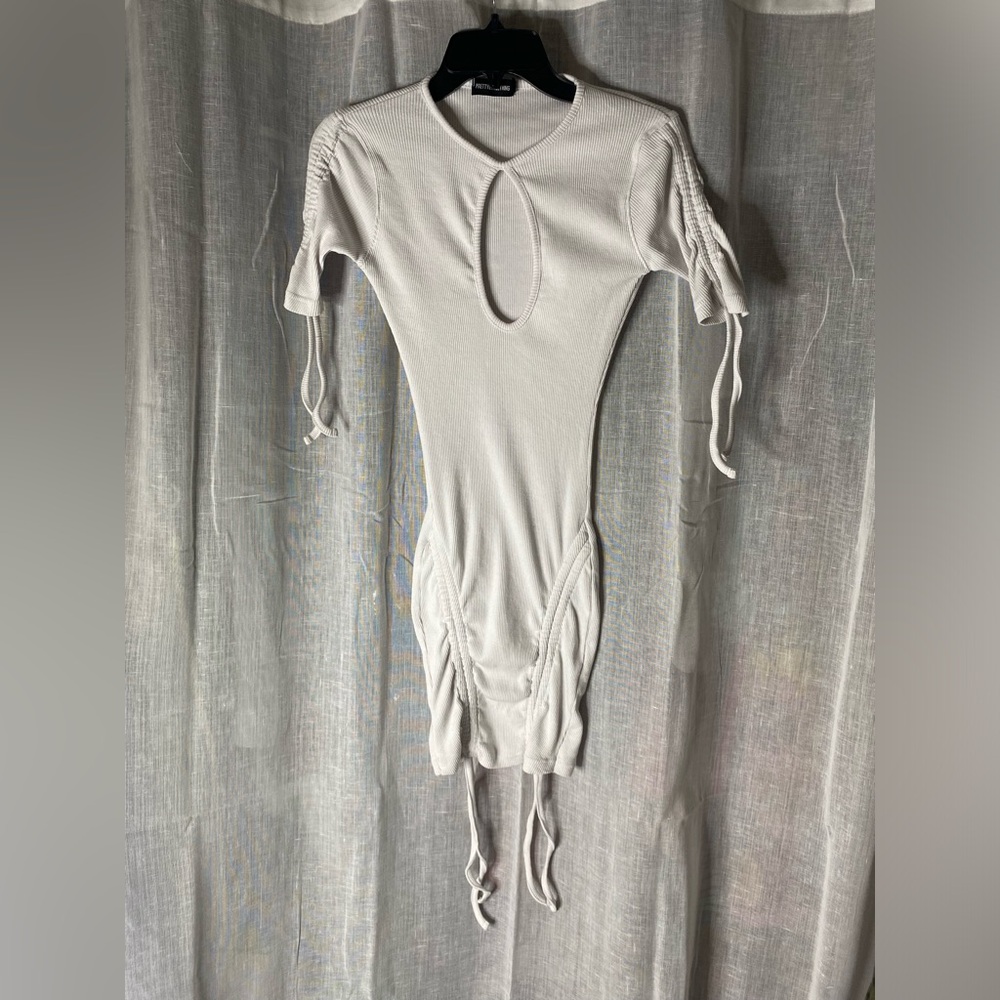 PrettyLittleThing White Ribbed Cut Out Bodycon Mini Dress Size 4 Ruched Ties